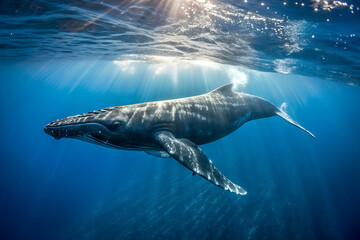 Fototapeta premium Ballena swimming underwater in deep blue ocean with sunlight shining above