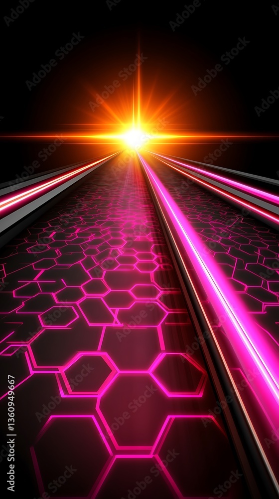 Poster futuristic road with glowing elements towards a light source abstract style
