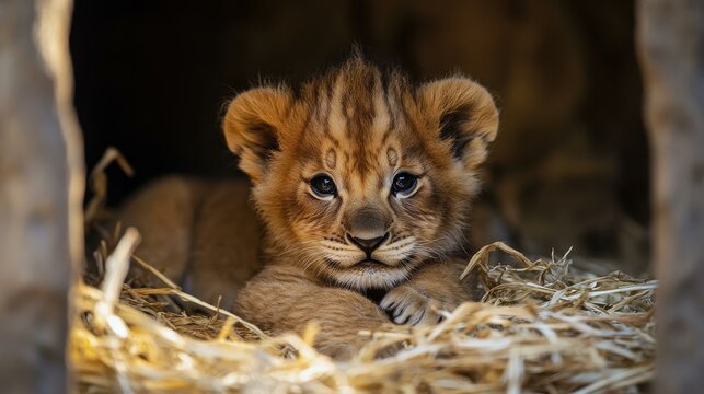 Adorable lion cub resting on a bed of straw, gazing directly at the viewer with its captivating eyes, showcasing its delicate features