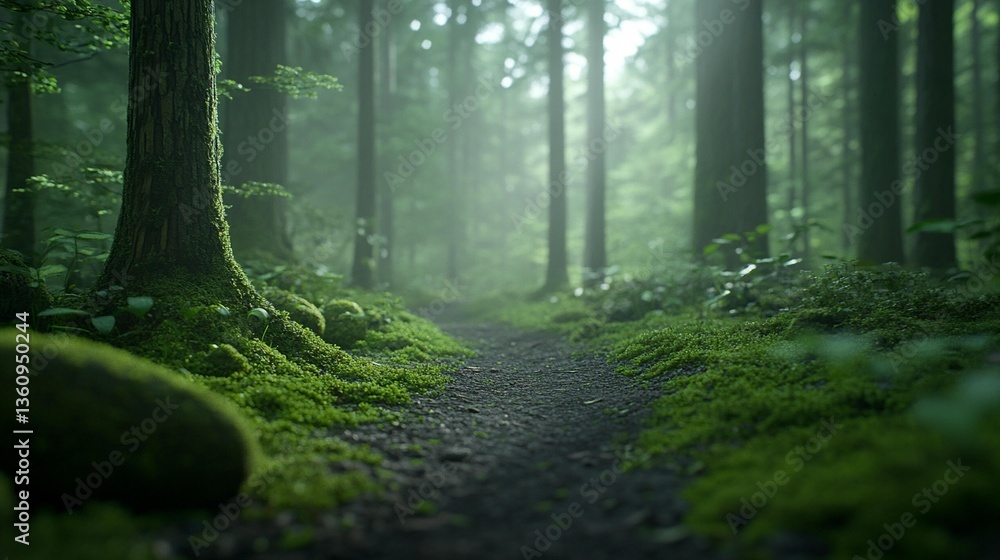 Poster misty forest path with moss covered trees and ground.