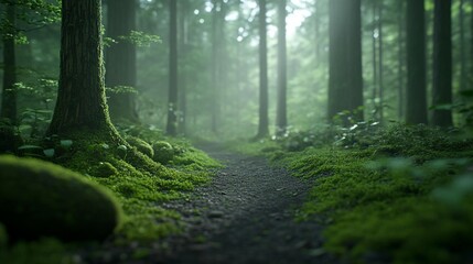 Obraz premium Misty forest path with moss covered trees and ground.