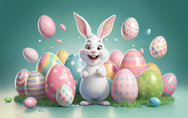 Obraz premium A vibrant festive Easter Holiday featuring a joyful white rabbit surrounded by colorful Easter eggs in shades of pink blue green and yellow. Set against a teal gradient background with floating eggs