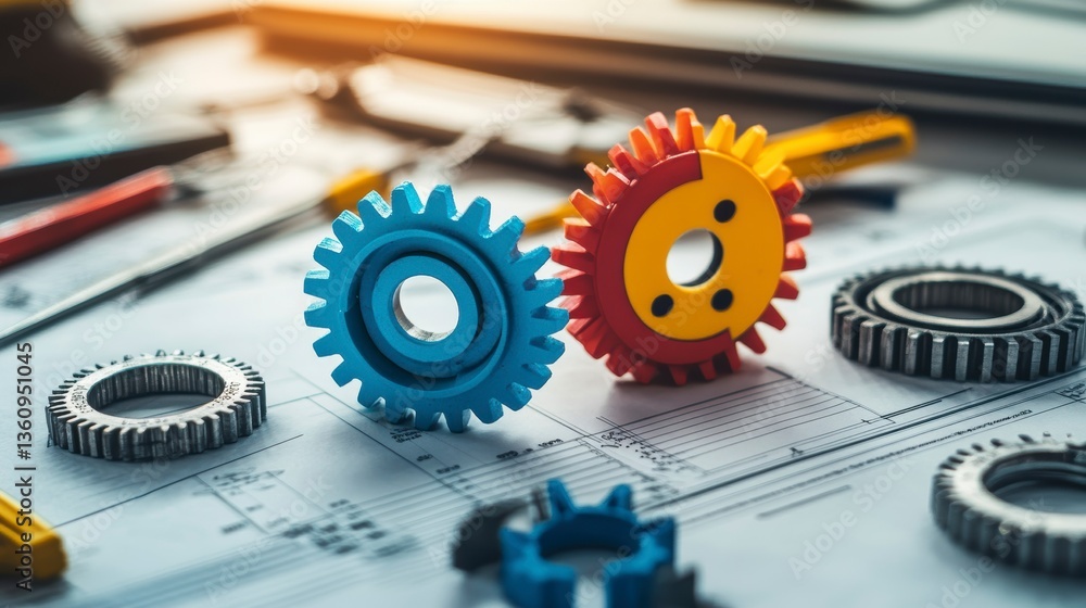 Poster colorful gears on engineering blueprint with tools.