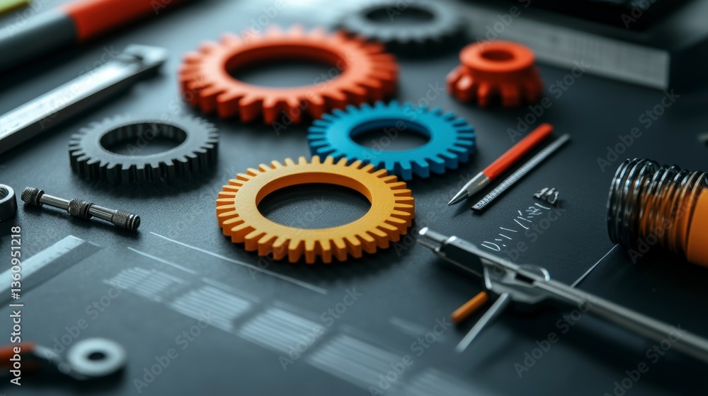 Poster colorful gears and engineering tools arranged on a technical drawing.