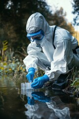Scientist testing water quality with test tube in industrial area. Water pollution. Environment conservation topic.