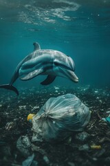 Fototapeta premium Garbage in deep sea with sea life. Human activities impact and threaten animal’s natural habitat.