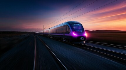 Naklejka premium Modern high-speed train traveling at sunset.