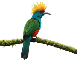 Obraz premium Vibrant Quetzal Bird Resting Gracefully on a Mossy Branch, A Captivating Glimpse into Exotic Wildlife and Natural Serenity with Colorful Feathers and Delicate Details