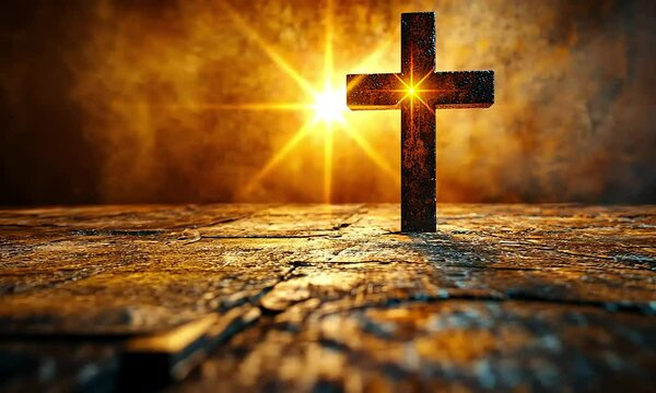 Rustic cross on aged wooden surface, radiant light