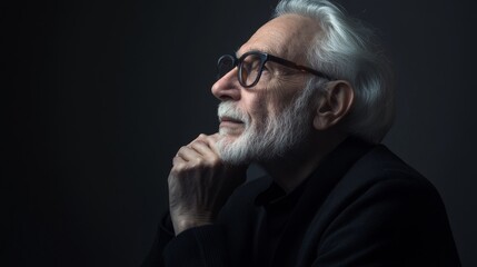 Obraz premium Contemplative elderly caucasian male in thoughtful pose with glasses and white beard