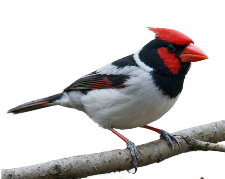 Vibrant Red Capped Cardinal Perched on a Branch, A Study in Avian Beauty and Detailed Feather Texture Showcasing the bird's Elegant Stance and Striking Coloration
