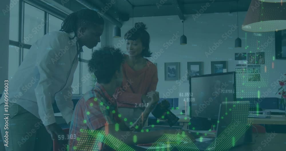 Poster collaborating in office, diverse team using animation for digital data visualization