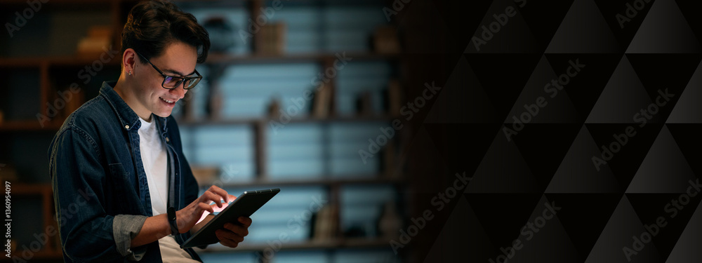 Aufkleber Smiling young businessman professional hold using digital tablet computer, using online app software on tech device modern pad, browse internet, communicate online, dark empty office, copy space