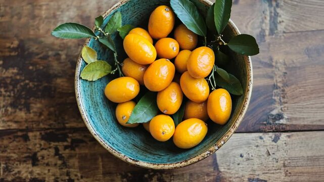 Vibrant kumquats arranged in a decorative bowl with leaves on a rustic wooden table