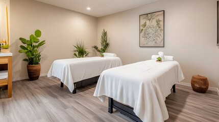 Serene Wellness Center with Soft Lighting and Clean White Linens, Evoking Tranquility and Relaxation