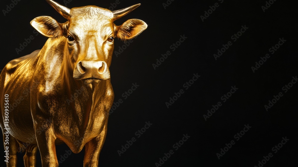 Poster luxurious golden cow standing against a deep black background exuding elegance and sophistication in