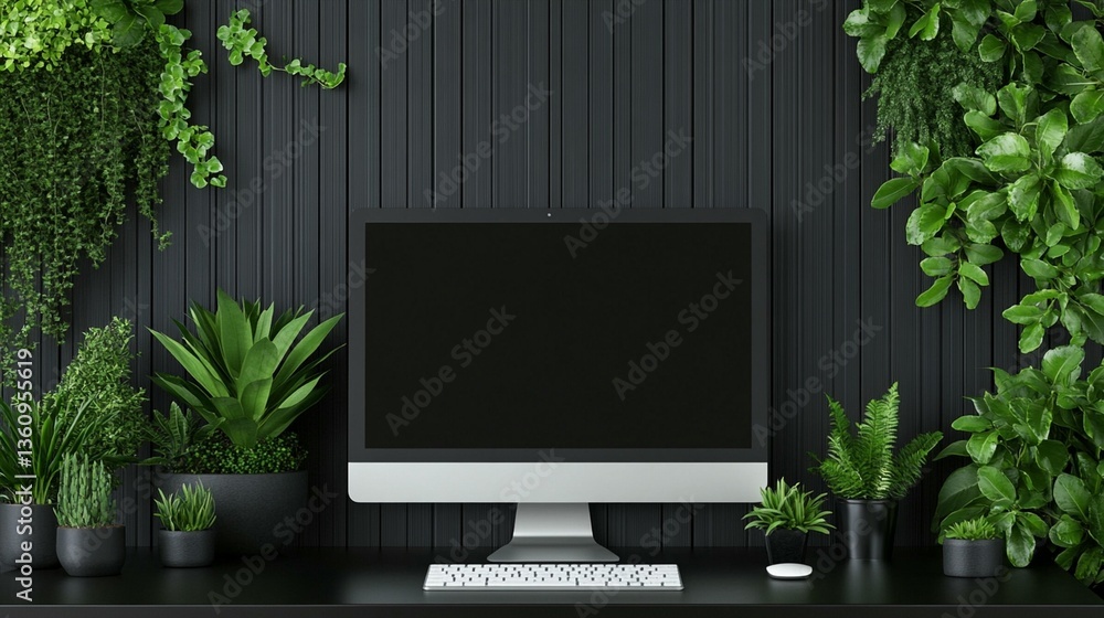 Poster modern workspace with desktop computer and lush greenery against a dark wall.