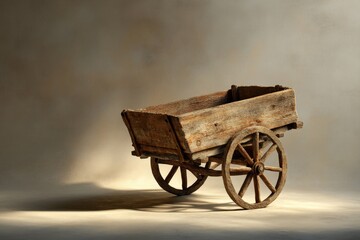 Fototapeta premium A weathered wooden cart with two spoked wheels is presented