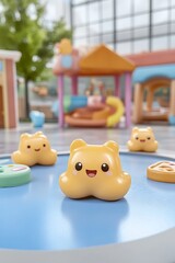 Obraz premium Cute smiling toys are set on a blue surface in front of a playground