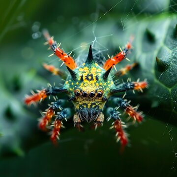 Dramatic low angle shot of Spiny Orb Weaver Gasteracantha cancriformis waiting patiently center of web unique spiky body bright red yellow markings stand out against the deep green rainforest canopy