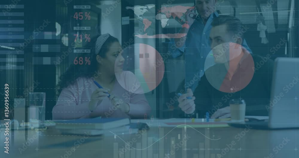 Poster discussing strategy, business team analyzing data with animated graphics overlay