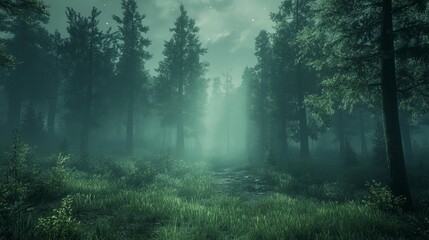 Fototapeta premium Mysterious foggy forest path at night.