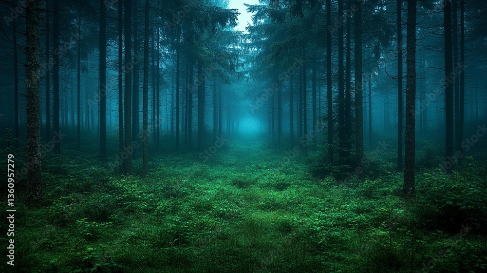 Poster mystical foggy forest path with lush green undergrowth, tall dark trees creating a tunnel-like effec