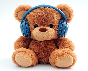 A cute teddy bear wearing blue headphones is enjoying music