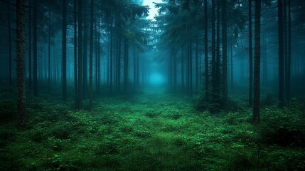 Obraz premium Mystical foggy forest path with lush green undergrowth, tall dark trees creating a tunnel-like effect.