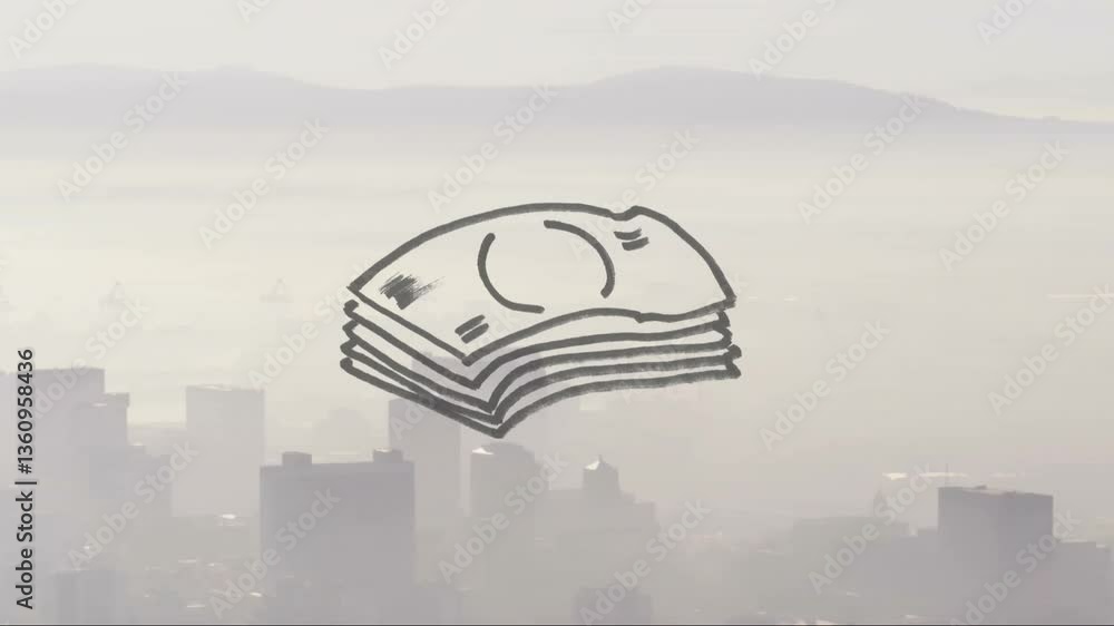 Poster stack of money animation over hazy cityscape with distant mountains