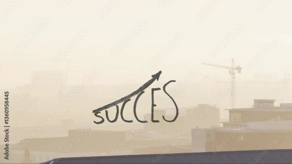 Poster upward arrow with success text overlaying animation of hazy cityscape and cranes