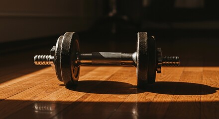 Single Dumbbell on Wooden Floor in Sunlight