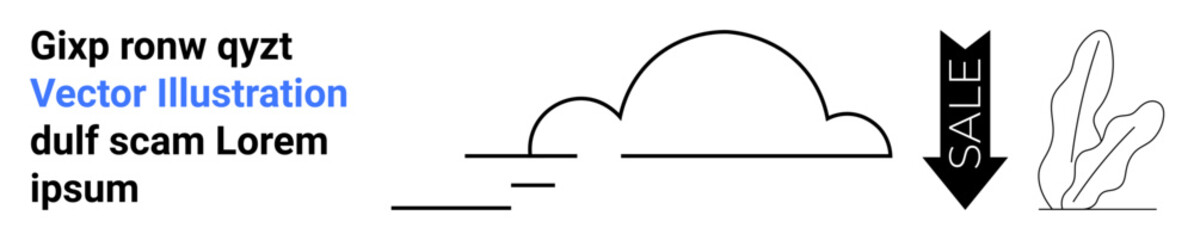 Stylized cloud with horizontal lines, downward sale tag, and decorative plant leaves. Ideal for advertising, seasonal promotions, branding, minimal design, e-commerce, marketing banners simple