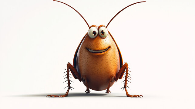 Playful 3D Cartoon Cockroach with Big Eyes and Smiling Face on White Surface for Fun Insect Illustrations and Animations