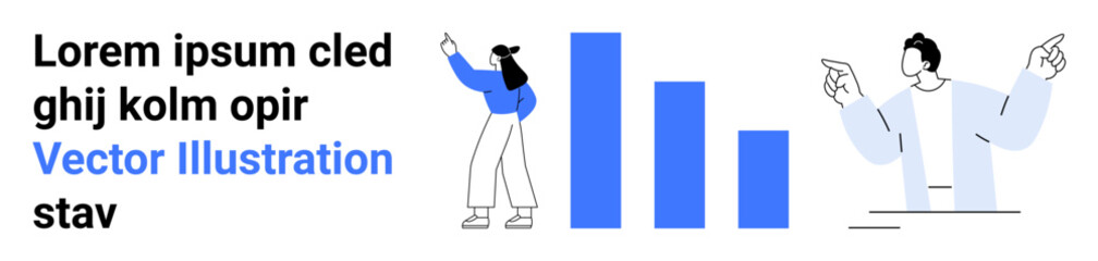 Two characters interact near vertical bar graphs, discussing and pointing. Ideal for analytics, teamwork, data insights, presentations, education, business growth, simple landing page
