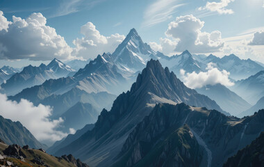 Majestic Mountain Range Landscape with Clouds and Blue Sky