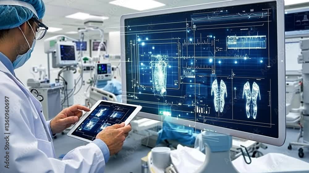 Poster doctor analyzing patient data on digital tablet generative ai