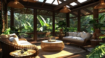 Fototapeta premium Elegant Tropical Living Room with Wicker Furniture and Lush Greenery