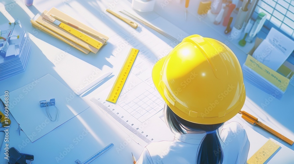 Poster architect reviewing blueprints at desk.
