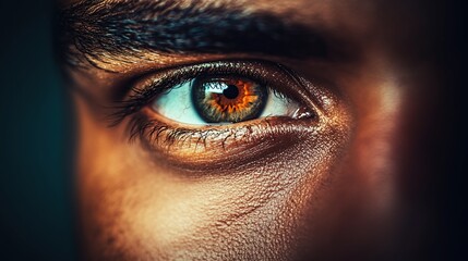 Close-up shows an expressive human eye with orange and green iris details