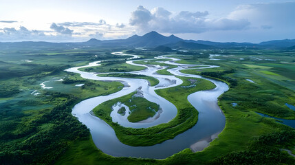 Aerial View of Meandering River Through Lush Green Landscape