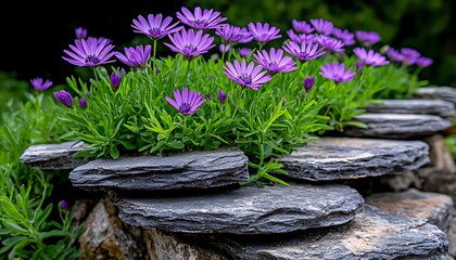 Fototapeta premium Purple Flowers on Stone Steps