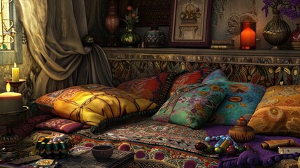 Exquisite Bohemian Living Space with Rich Textures and Warm Lighting