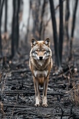 Fototapeta premium Animal stand in burnt forest. Sad and moody. The aftermath of wild fire devastation.