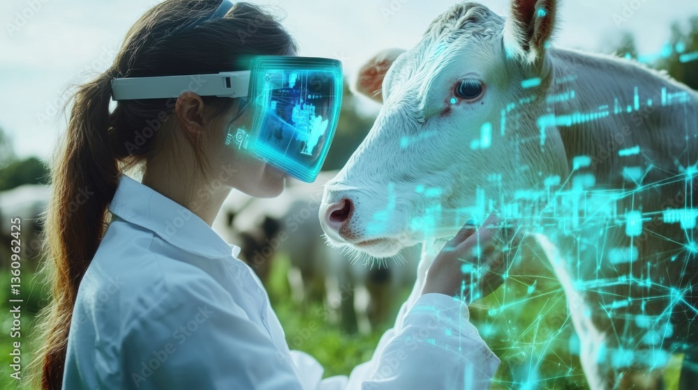 Poster veterinarian examines farm animal health using augmented reality technology in a rural setting gener