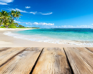 Fototapeta premium Tropical beach scene, wooden platform, sunny day, perfect vacation, ideal for product display