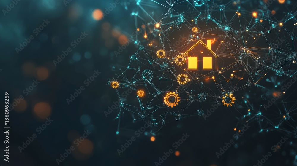 Poster Smart home technology network concept; glowing house icon within digital network of gears and connections.