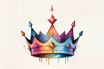 Fototapeta premium Watercolor rainbow crown with dripping paint effect and jewel decorations on light background, artistic royal symbol for creative design projects.