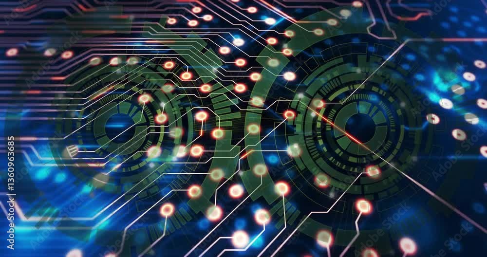 Poster glowing nodes and digital patterns creating animation on futuristic circuit board