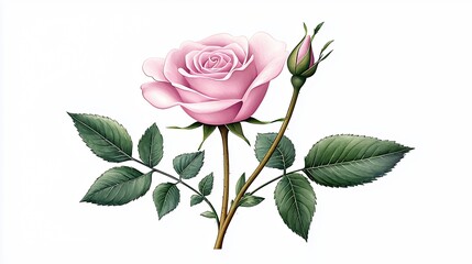 Obraz premium Pink Rose with Bud and Green Leaves on White Background